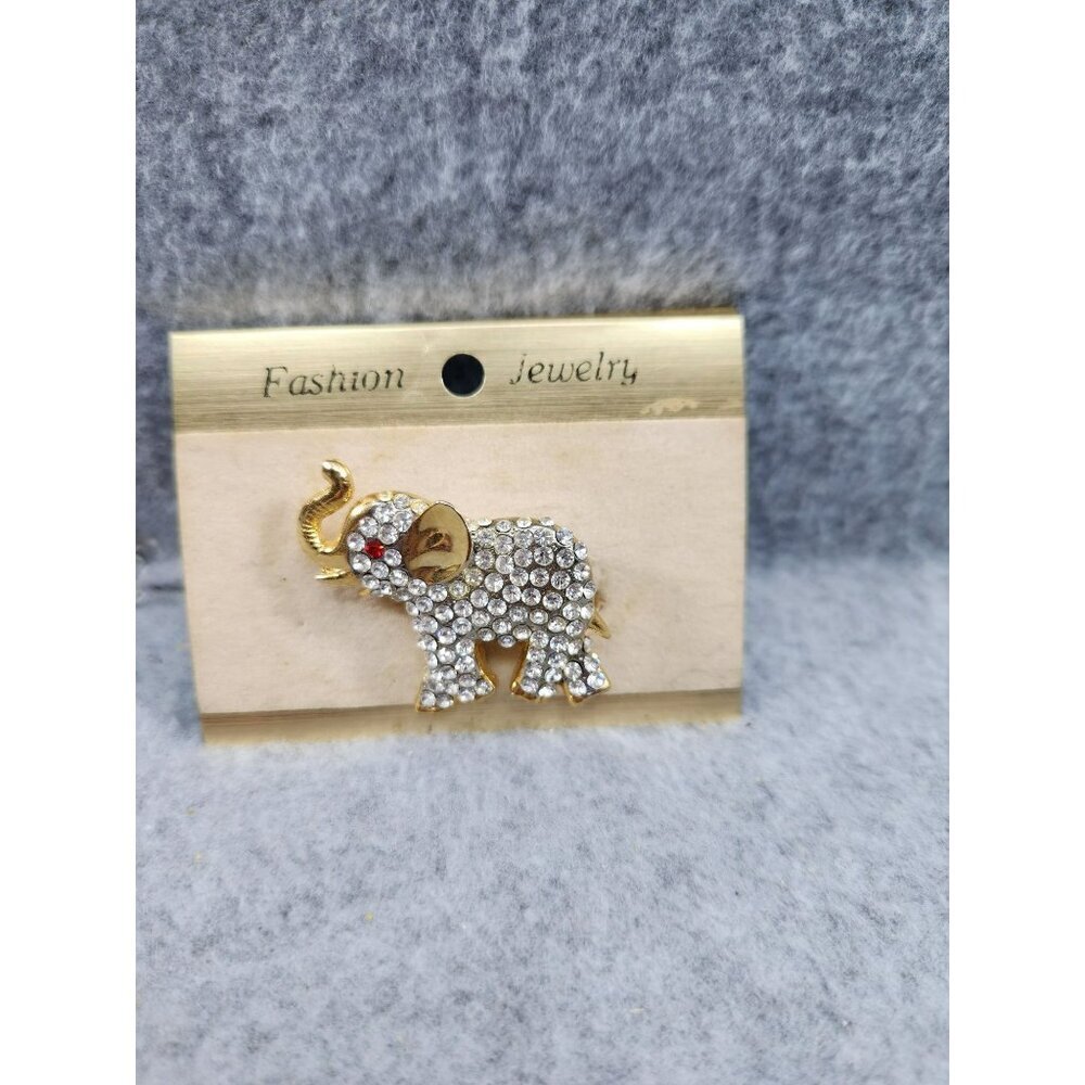 Vintage Gold-Tone Elephant Brooch Pin With Rhinestones & Red Eye Accent‎